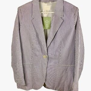 NWT H&M‎ Striped Seersucker Blazer Jacket Women Sz M Cotton Preppy Coastal Work